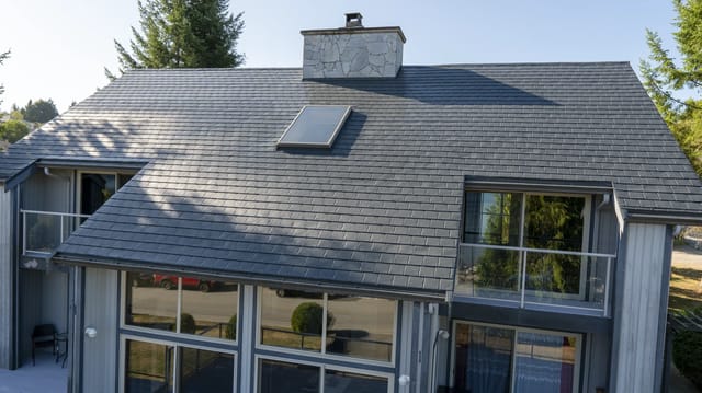 Deep Charcoal Interlock Slate aluminum roof on a two-storey home with grey siding and a metal roof in, Sechelt, British Columbia