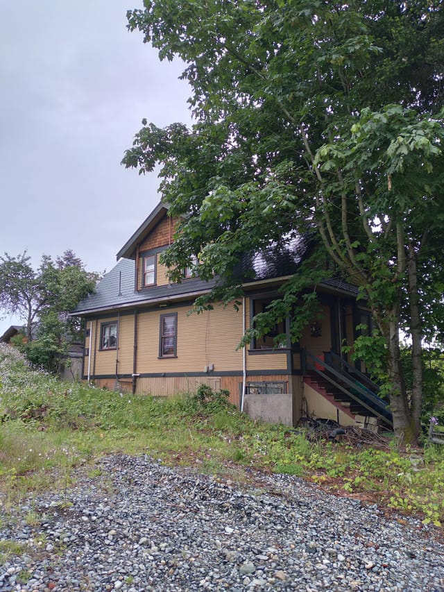 Black Interlock Slate aluminum roof on a yellow two-storey home with dormers among tall pines, Nanaimo, British Columbia