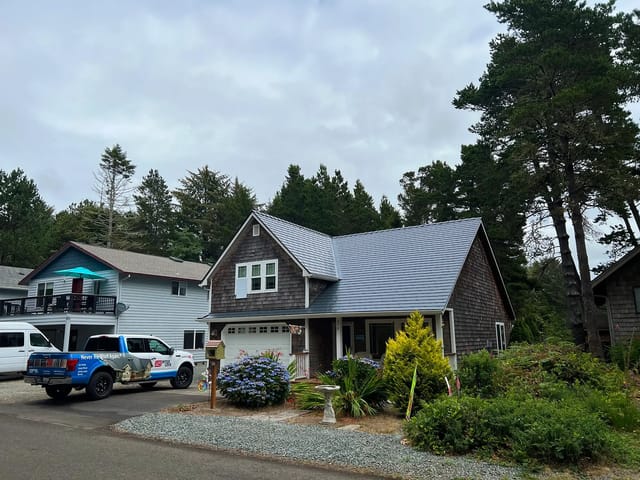 Deep Charcoal Interlock metal roof in Manzanita, OR