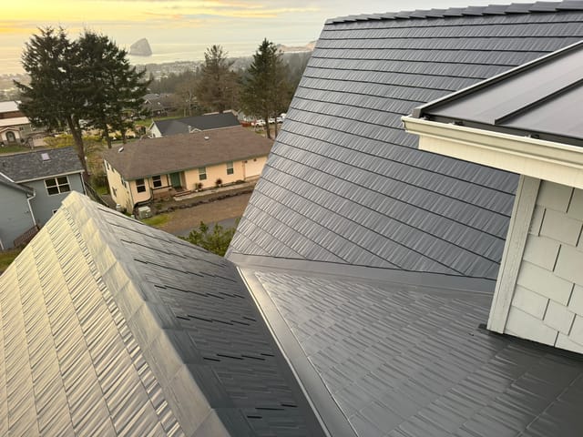 Deep Charcoal Interlock metal roof in Cloverdale, OR