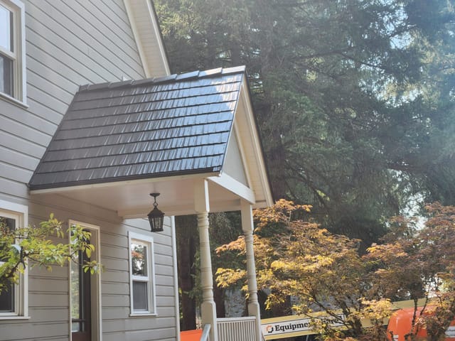 Tudor Brown Interlock metal roof in North Plains, OR