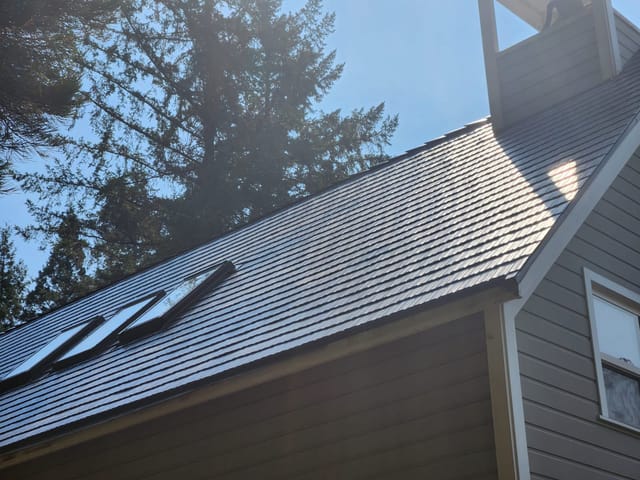 Tudor Brown Interlock metal roof in North Plains, OR
