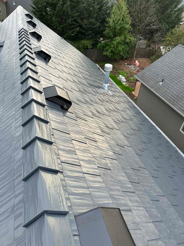 Deep Charcoal Interlock metal roof in Newberg, OR