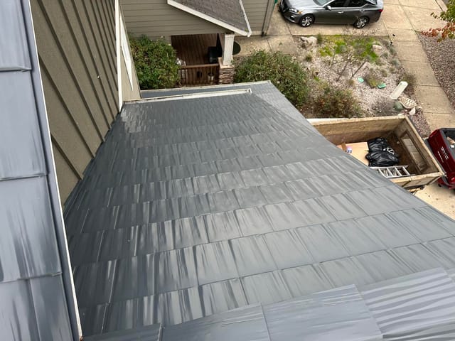 Deep Charcoal Interlock metal roof in Newberg, OR