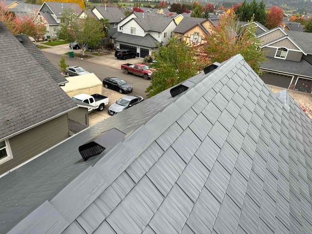Deep Charcoal Interlock metal roof in Newberg, OR