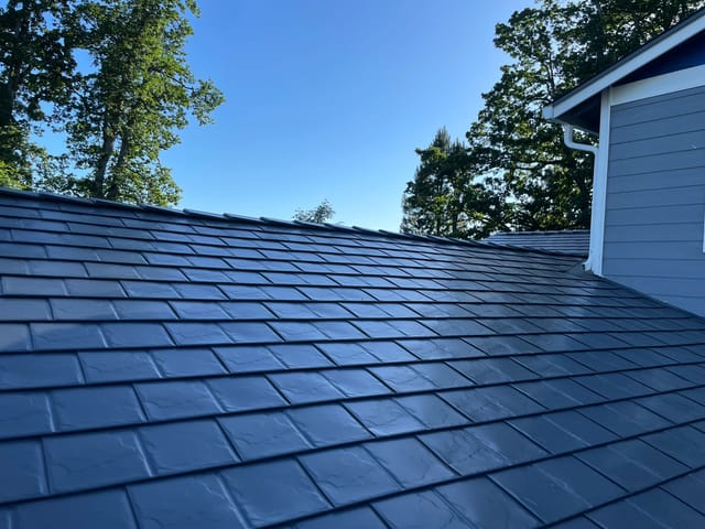 Deep Charcoal Interlock metal roof in Silverton, OR