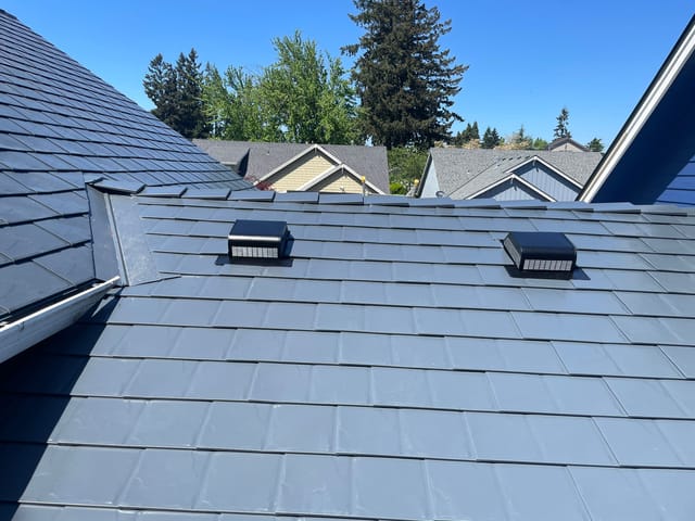 Deep Charcoal Interlock metal roof in Canby, OR
