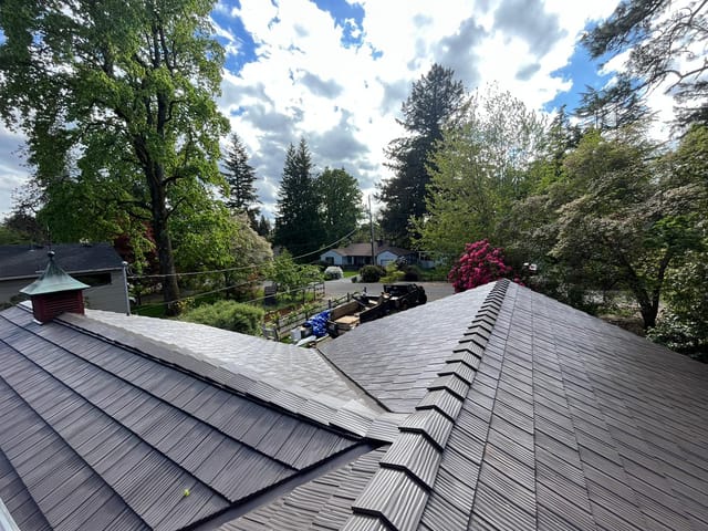 Tudor Brown Interlock metal roof in Portland, OR