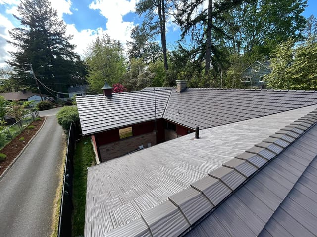 Tudor Brown Interlock metal roof in Portland, OR