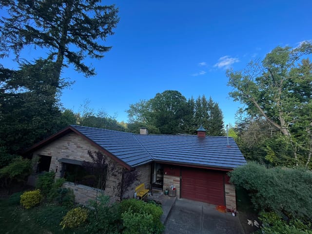 Tudor Brown Interlock metal roof in Portland, OR