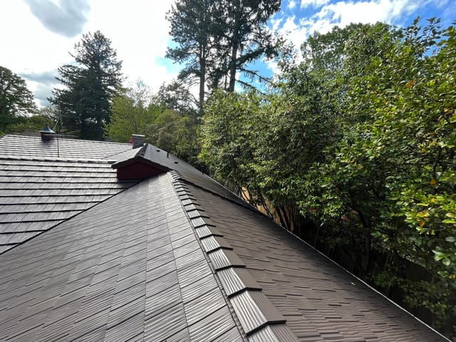 Tudor Brown Interlock metal roof in Portland, OR