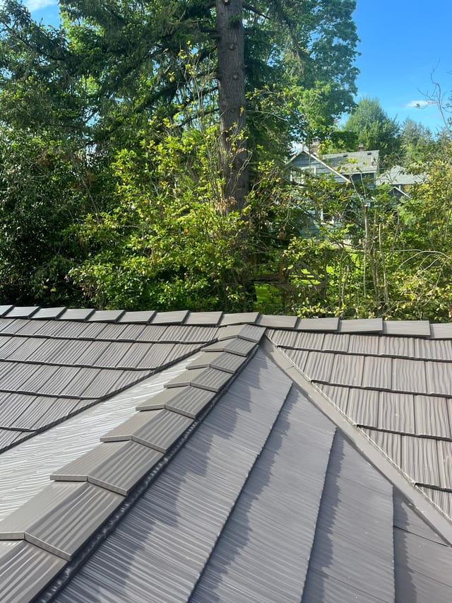 Tudor Brown Interlock metal roof in Portland, OR