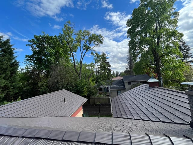 Tudor Brown Interlock metal roof in Portland, OR