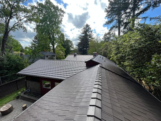 Tudor Brown Interlock metal roof in Portland, OR