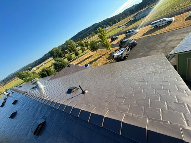 Tudor Brown Interlock metal roof in Willamina, OR