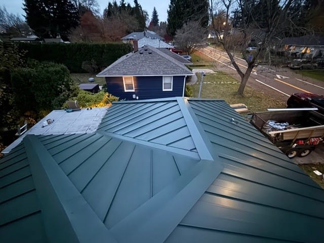 Hunter Green Interlock metal roof in Portland, OR