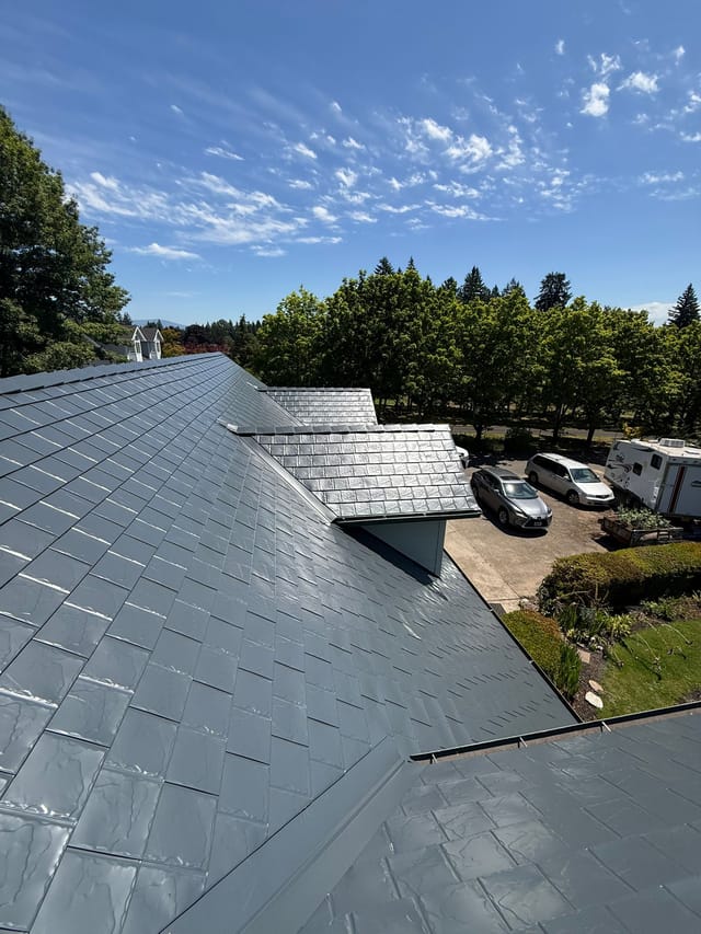 Deep Charcoal Interlock metal roof in Gresham, OR