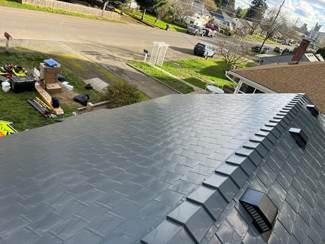 Deep Charcoal Interlock metal roof in Vancouver, WA