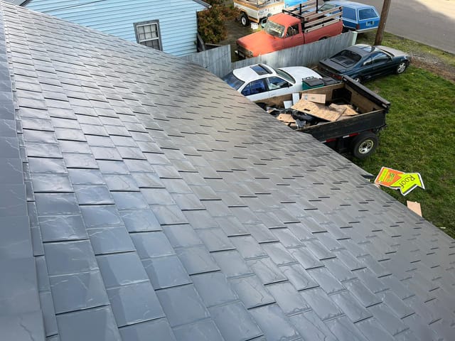 Deep Charcoal Interlock metal roof in Vancouver, WA