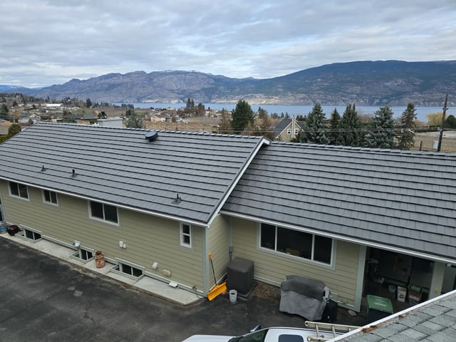 Musket Grey Interlock Shake aluminum roof on the home, Summerland, British Columbia