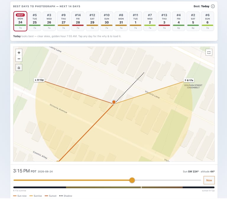 Screenshot of Interlock's free Sun & Golden-Hour Calculator showing the best time to photograph a Vancouver, BC property, with a 14-day shoot forecast.