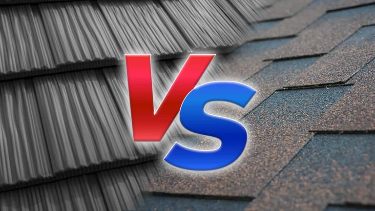 Side-by-side comparison of a metal roof and asphalt shingle roof on similar homes