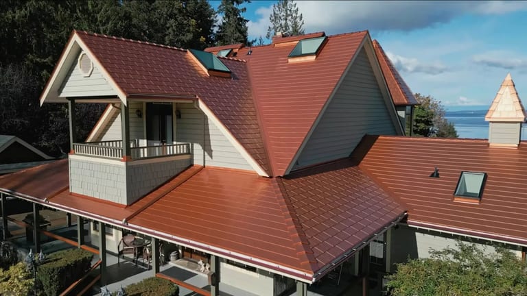 Copper Penny Interlock metal slate roof on a coastal home in Ladysmith, BC