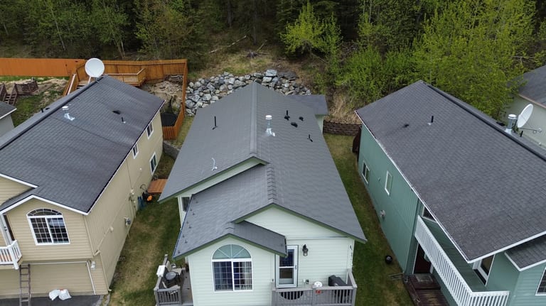 A ranch-style house with a metal roof in a forested rural area.