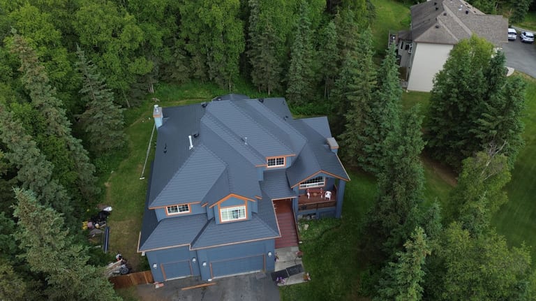 Interlock Aluminum Slate Metal Roofing – Deep Charcoal | Anchorage, AK (Aerial)