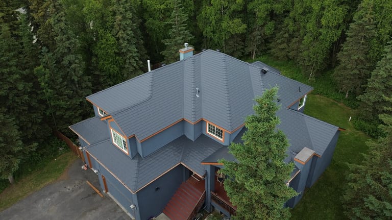 Interlock Aluminum Slate Metal Roofing – Deep Charcoal | Anchorage, AK (Aerial)