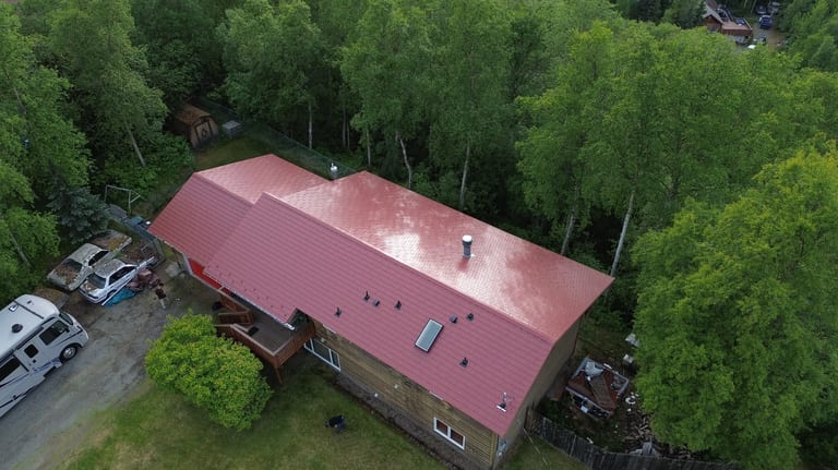 After: Interlock Aluminum Cedar Shingle Metal Roofing – Tile Red | Chugiak, AK (Aerial)
