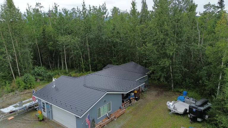 Interlock Aluminum Slate Metal Roofing – Black | Wasilla, AK (Full roof overview)