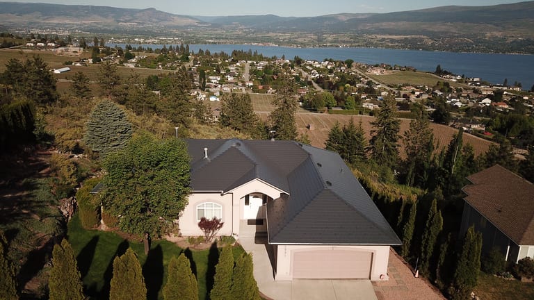 Interlock Aluminum Slate Metal Roofing – Deep Charcoal | West Kelowna, BC (Aerial)