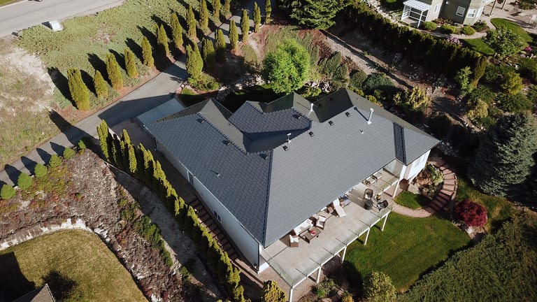 Interlock Aluminum Slate Metal Roofing – Deep Charcoal | West Kelowna, BC (Aerial rear)
