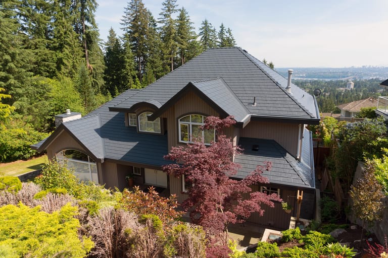 Interlock Aluminum Slate Metal Roofing – Deep Charcoal | North Vancouver, BC (Street view)