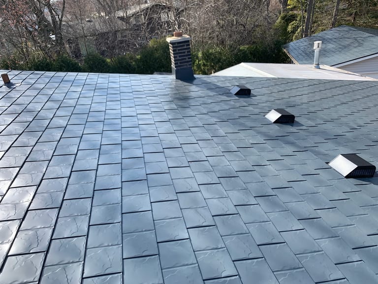 Deep Charcoal Interlock Slate aluminum roof on a modern home with a metal roof in a forested urban area, Waukegan, Illinois