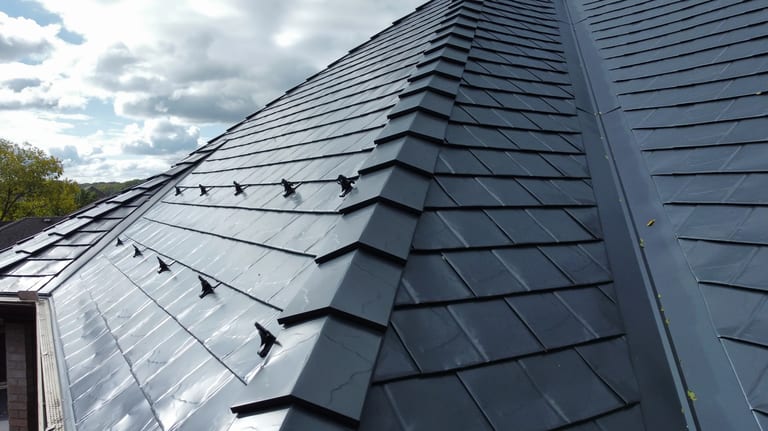 Black Interlock Slate aluminum roof on a black house with an Interlock Slate aluminum roof in a, Lemont, Illinois