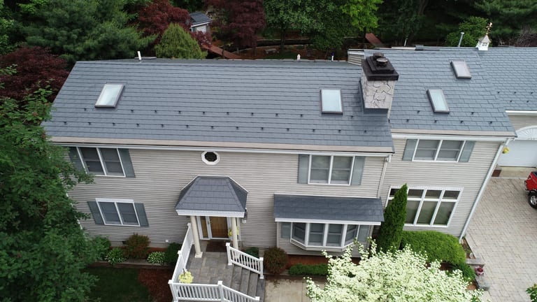Interlock Aluminum Slate Metal Roofing – Deep Charcoal | Bedford, MA (Front elevation)