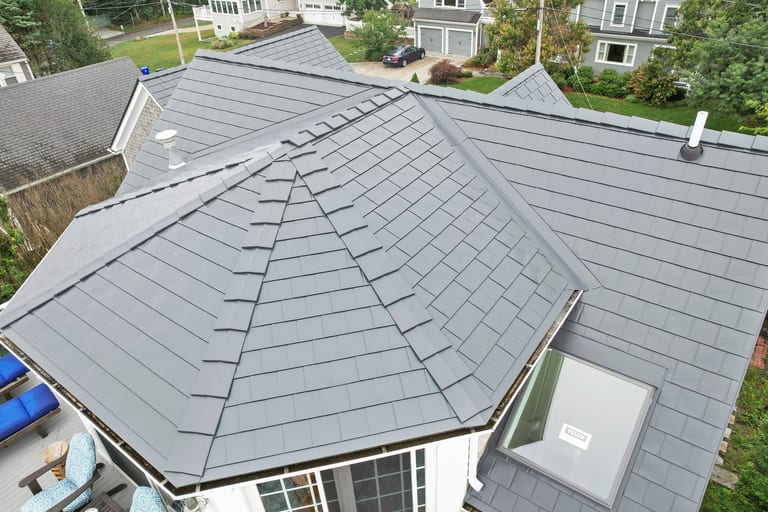 Interlock Aluminum Slate Metal Roofing – Deep Charcoal | Sagamore Beach, MA (Close-up)