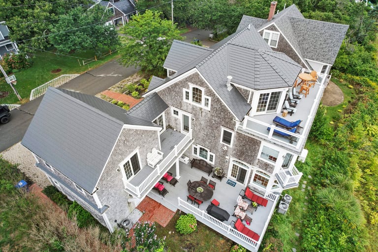 Interlock Aluminum Slate Metal Roofing – Deep Charcoal | Sagamore Beach, MA (Rear-left elevation)