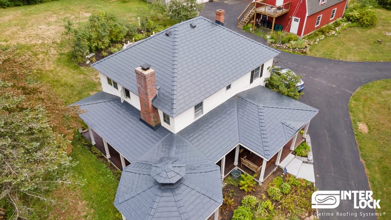 Interlock Aluminum Slate Metal Roofing – Deep Charcoal | Westford, MA (Aerial)