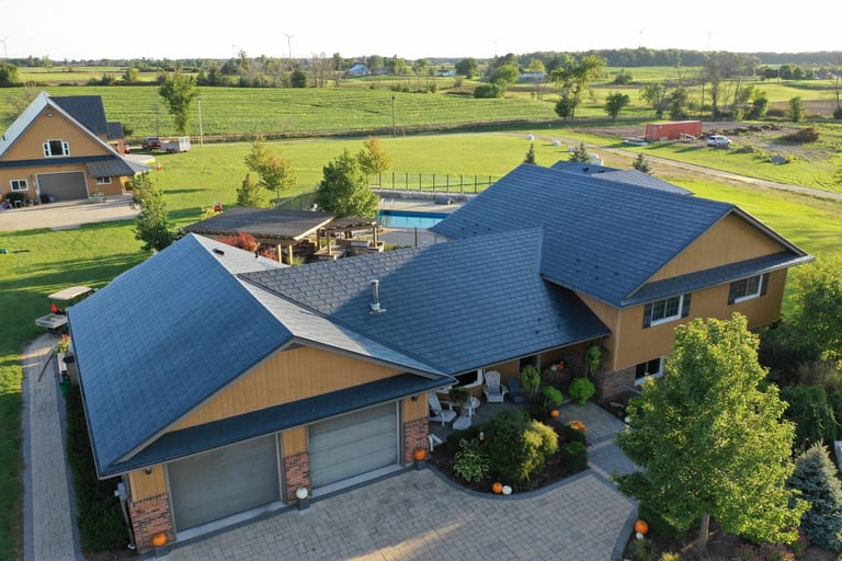 Interlock Aluminum Slate Metal Roofing – Deep Charcoal | Fenwick, ON (Aerial front)
