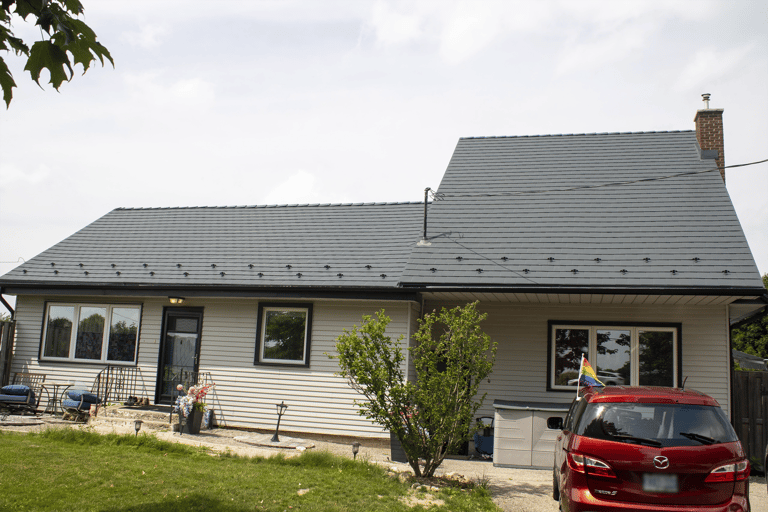Interlock Aluminum Slate Metal Roofing – Deep Charcoal | Mono, ON (Rear elevation)