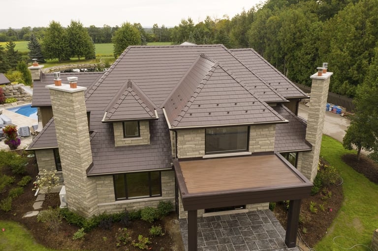 Interlock Aluminum Slate Metal Roofing – Tudor Brown | Bradford, ON (Aerial rear)