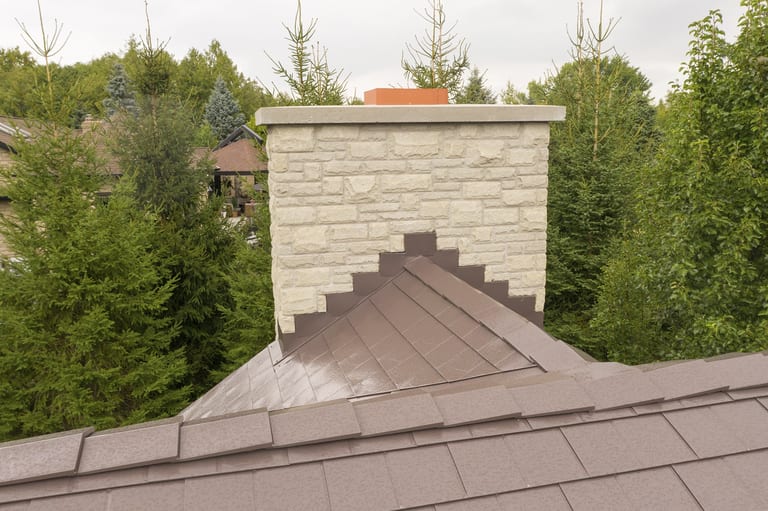 Interlock Aluminum Slate Metal Roofing – Tudor Brown | Bradford, ON (Chimney flashing detail)