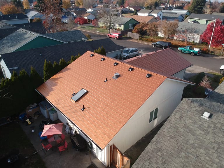 Interlock Aluminum Cedar Shingle Metal Roofing – Copper Penny | Salem, OR (Aerial side)