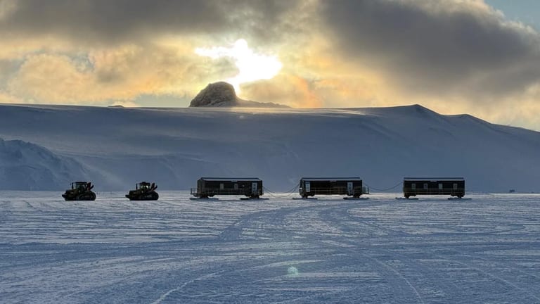 SPOT modules towed in convoy across the Antarctic plateau during the South Pole Overland Traverse