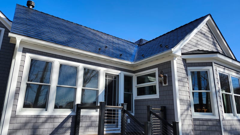 Deep Charcoal Interlock Slate metal roofing on a Maine home in Orrs Island.