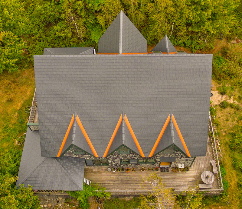 Deep Charcoal Interlock Cedar Shingle aluminum metal roof installation in Bar Harbor, Maine