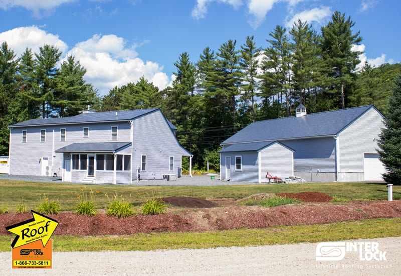 Deep Charcoal Interlock Slate aluminum metal roof on New Hampshire home, lifetime warranty.